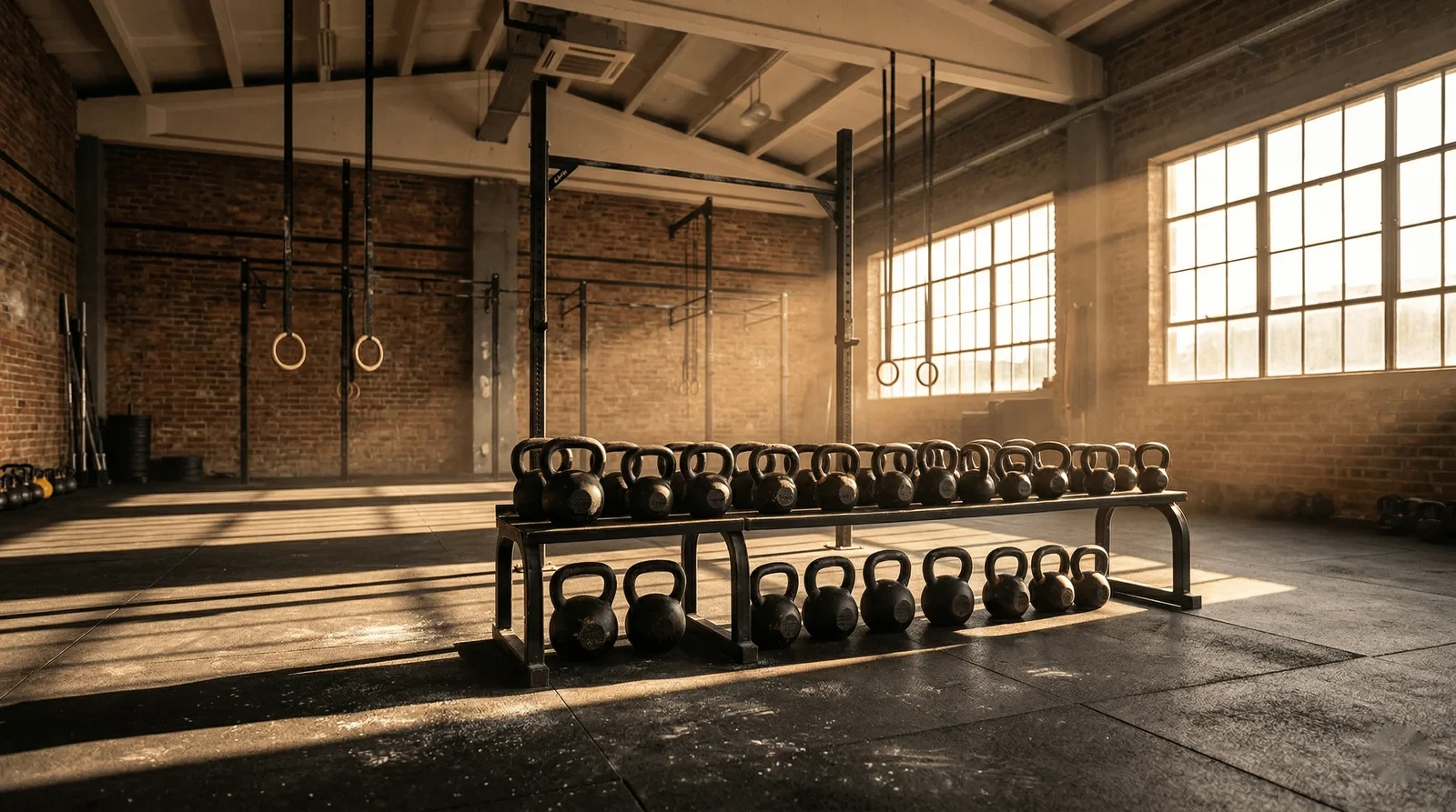 Kettlebell gym at golden hour with rows of bells on industrial rack