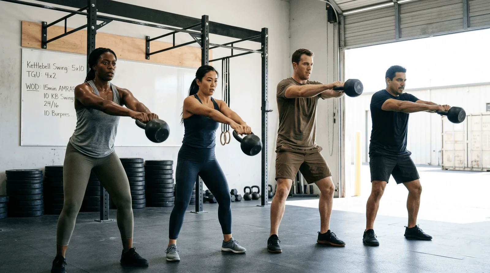 Diverse team doing kettlebell swings together in a CrossFit gym